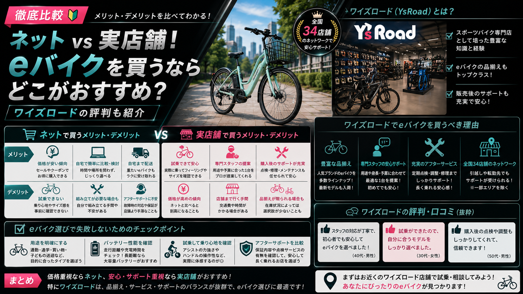 【徹底比較】ネット vs 実店舗!eバイクを買うならどこがおすすめ?ワイズロードの評判も紹介