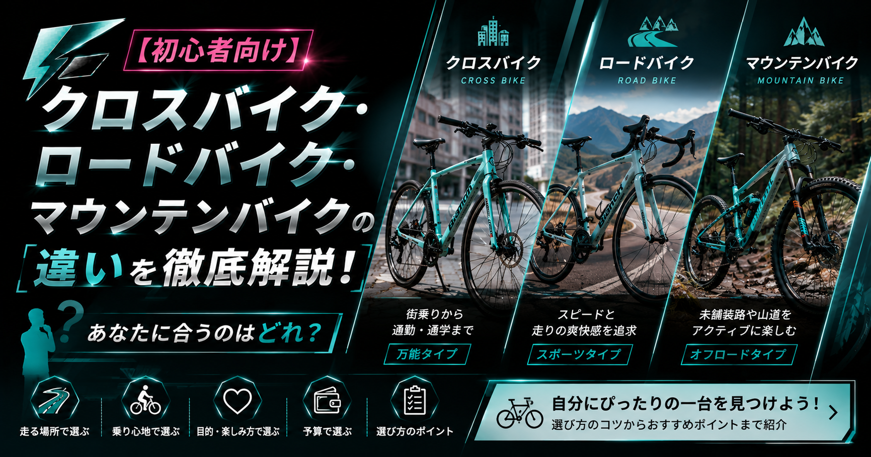 【初心者向け】クロスバイク・ロードバイク・マウンテンバイクの違いを徹底解説!あなたに合うのはどれ?