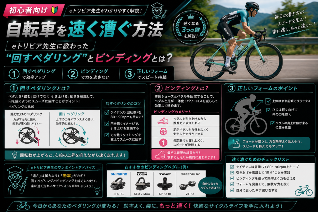 【初心者向け】自転車を速く漕ぐ方法|eトリビア先生に教わった“回すペダリング”とビンディングとは?