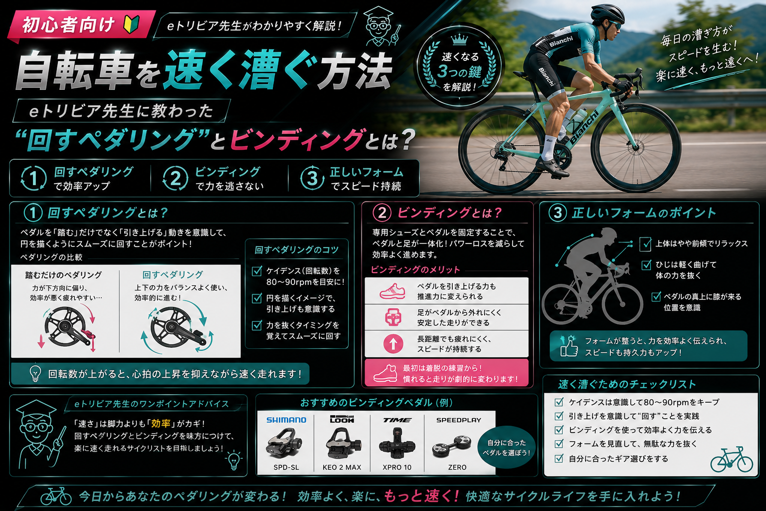 【初心者向け】自転車を速く漕ぐ方法|eトリビア先生に教わった“回すペダリング”とビンディングとは?