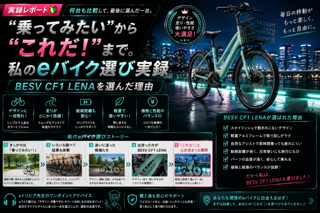 「乗ってみたい」から「これだ!」まで。私のeバイク選び実録|BESV CF1 LENAを選んだ理由